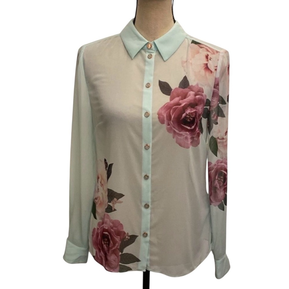 NWT Ted Baker Sheer Floral Button-Down Blouse - Light Blue/Pink - Picture 7 of 15
